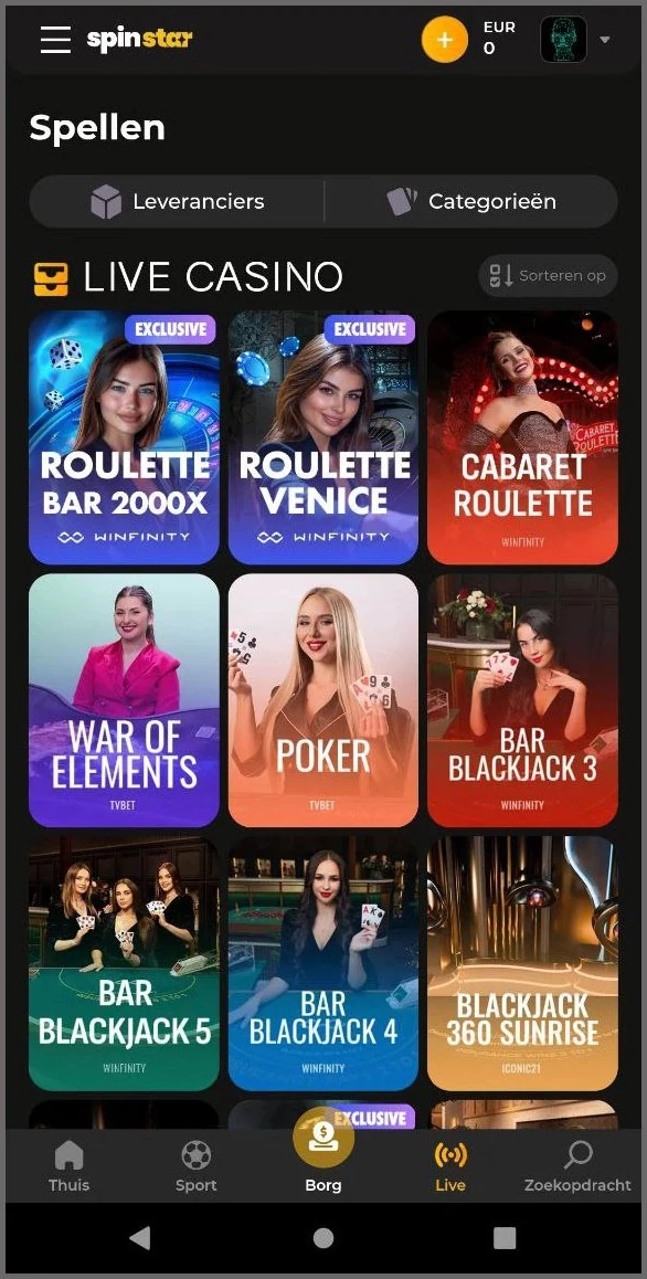 Live casino van Spinstar op mobiel: roulette, blackjack en poker